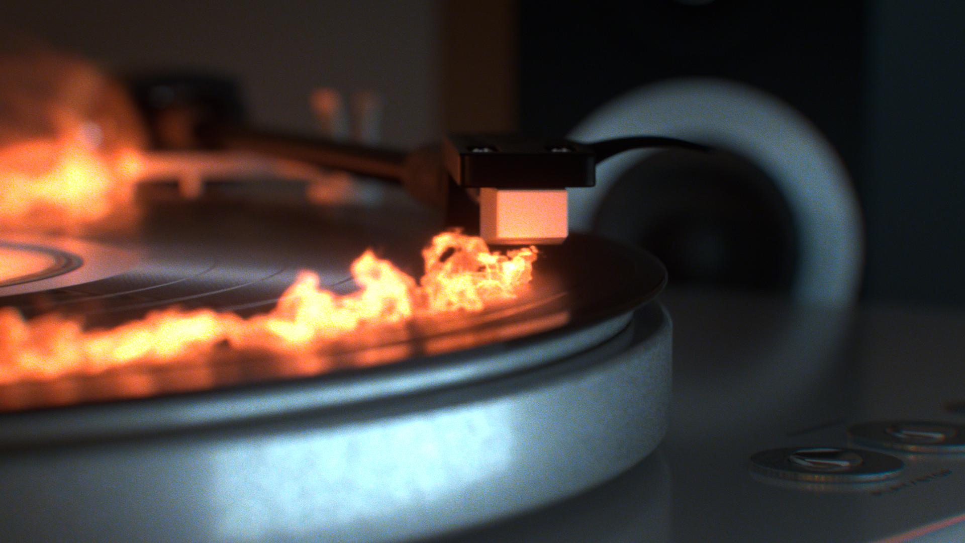 Close-up of a turntable needle resting on a vinyl record, cool cinematic lighting, moments before it catches fire