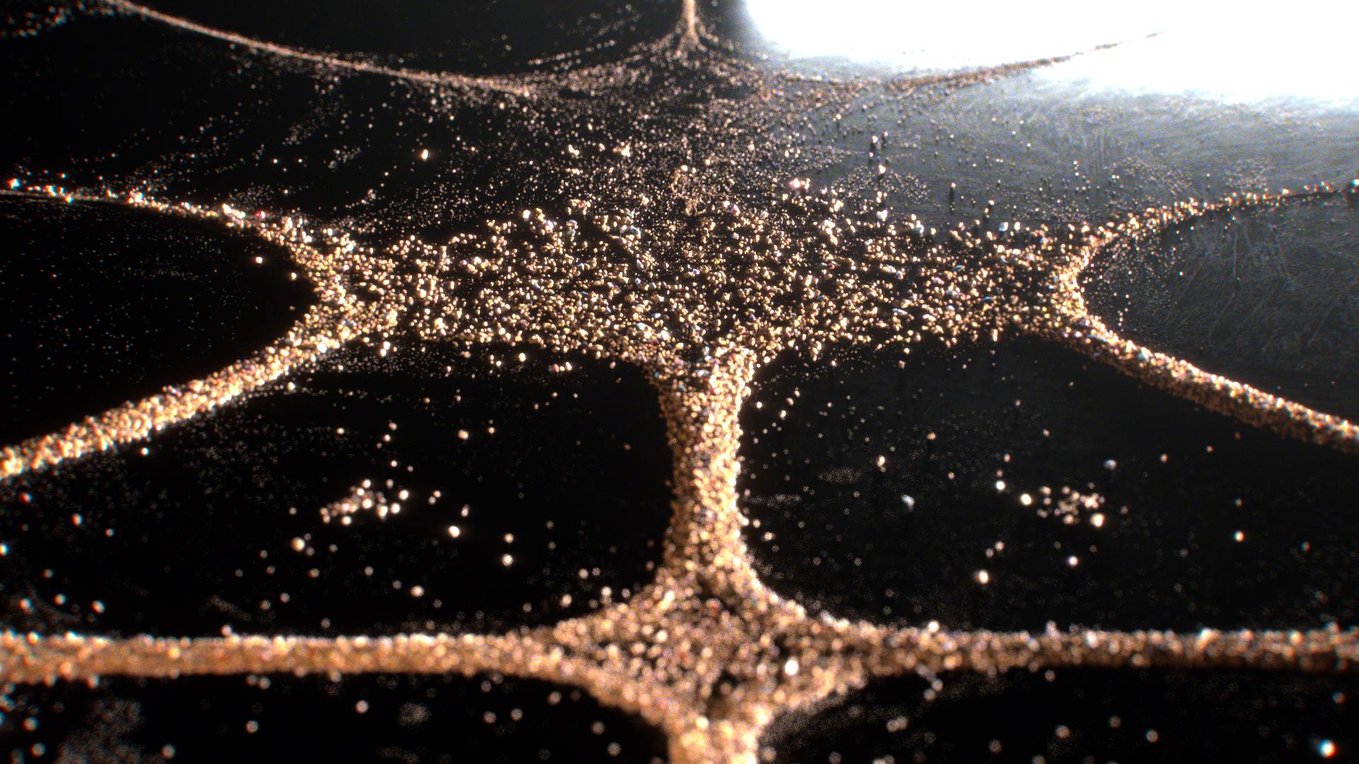 Low wide view across luminous grains gathering along a symmetrical Chladni pattern