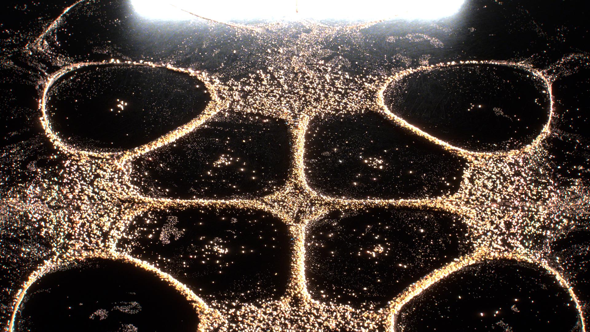 Wide symmetrical Chladni pattern traced by luminous grains across a dark divided surface