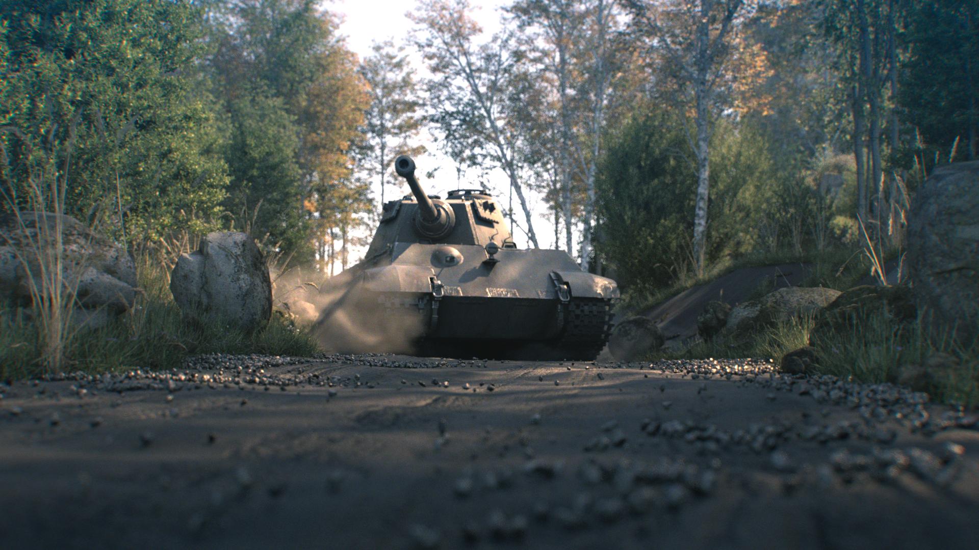 Low camera view of a Tiger II tank with dust and loose gravel near the moving tracks