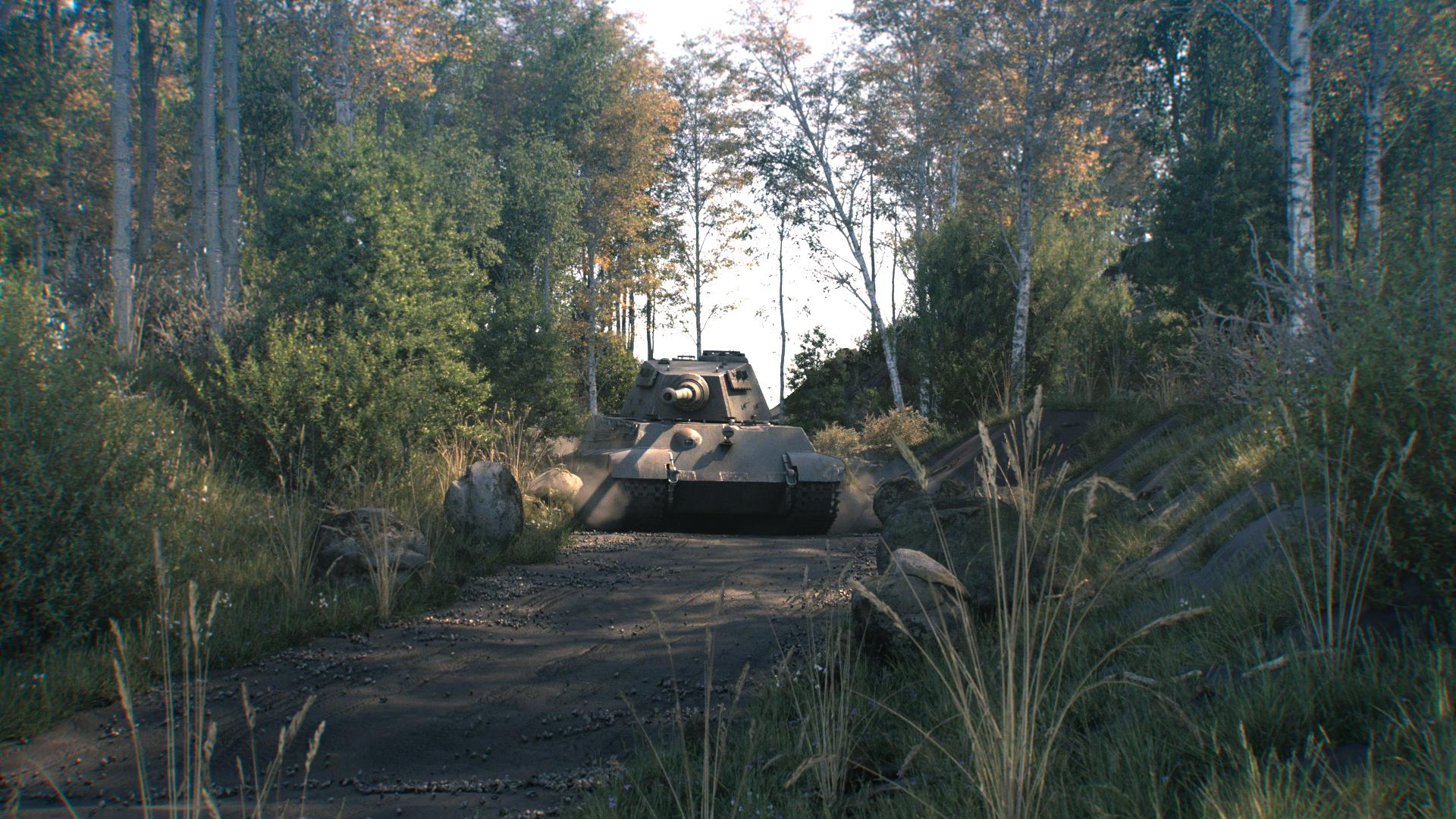 Front view of a Tiger II tank approaching through a forest road with dust behind the tracks