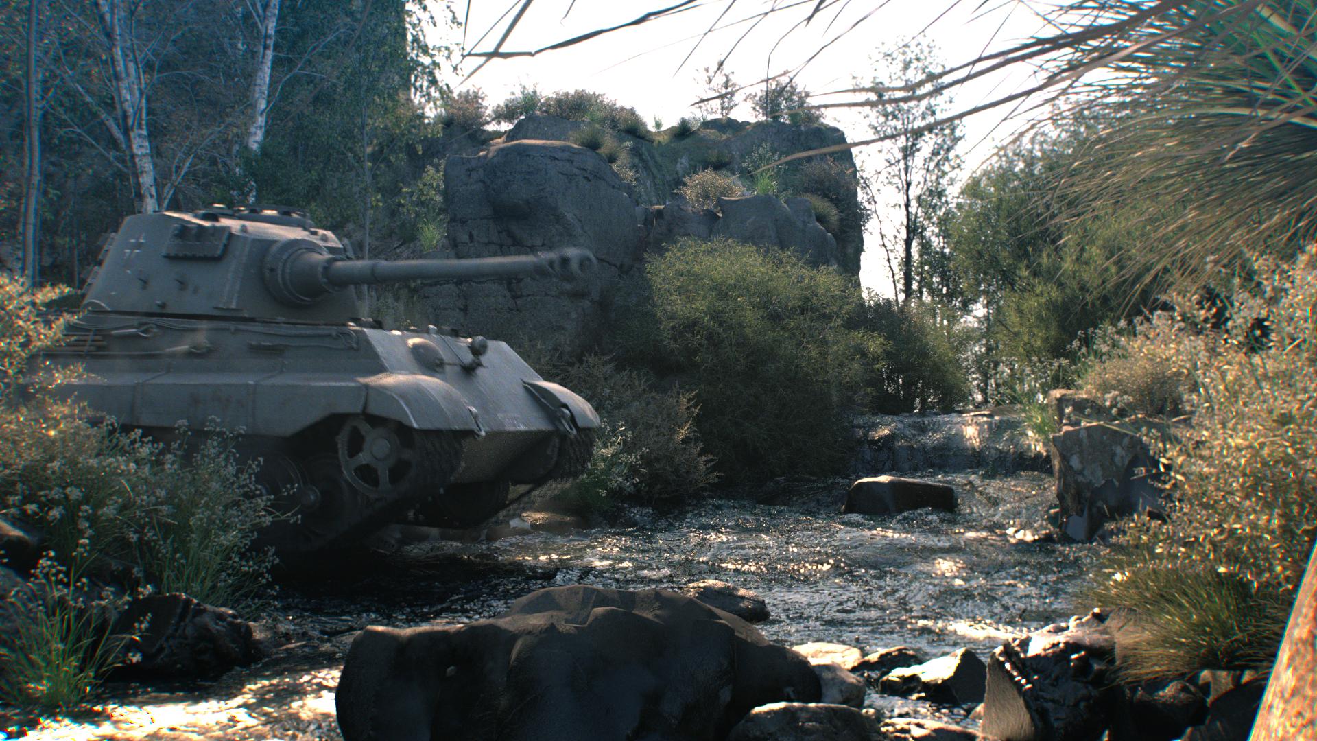 Tiger II tank crossing a shallow rocky river in a procedural forest environment