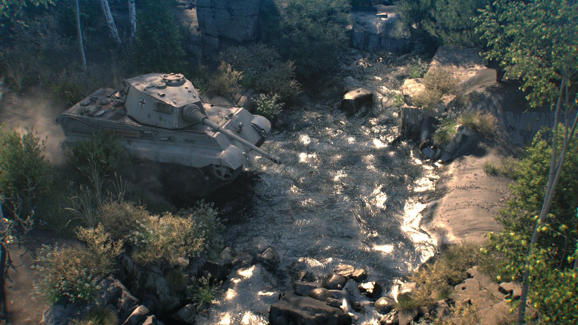 Overhead view of a Tiger II tank entering a rocky forest stream, with dust, water ripples and reflected light all visible together